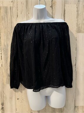 Lilly Pulitzer Silk Emilee Chiffon Black Sheer Shimmer Off Shoulder Top XS - Med